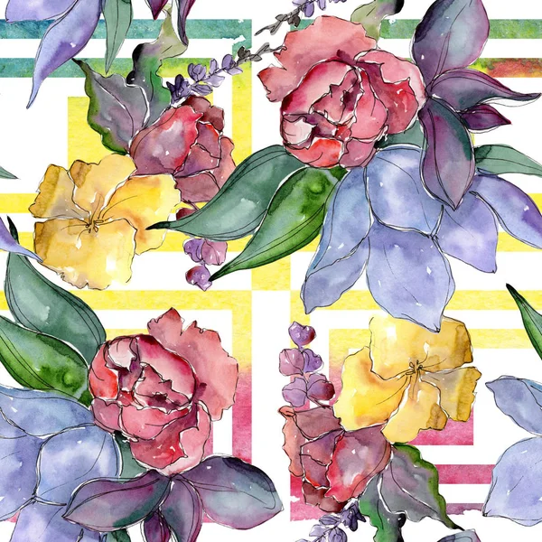Tropikal renkli buket. Botanik çiçek. Sorunsuz arka plan deseni. Kumaş duvar kağıdı yazdırma doku. Arka plan, doku, sarıcı desen, çerçeve veya kenarlık için Aquarelle kır çiçeği.