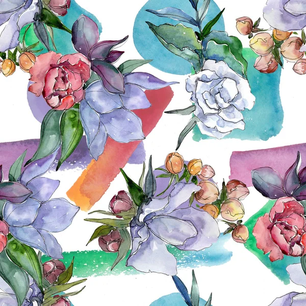 Tropikal renkli buket. Botanik çiçek. Sorunsuz arka plan deseni. Kumaş duvar kağıdı yazdırma doku. Arka plan, doku, sarıcı desen, çerçeve veya kenarlık için Aquarelle kır çiçeği.