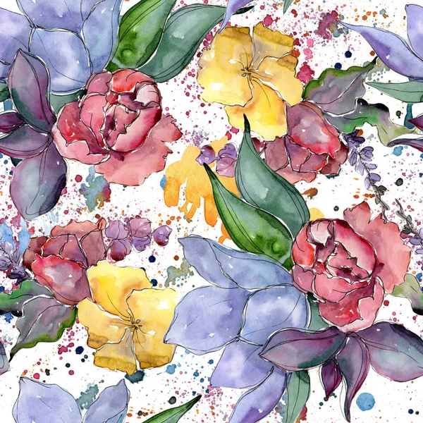 Tropikal renkli buket. Botanik çiçek. Sorunsuz arka plan deseni. Kumaş duvar kağıdı yazdırma doku. Arka plan, doku, sarıcı desen, çerçeve veya kenarlık için Aquarelle kır çiçeği.