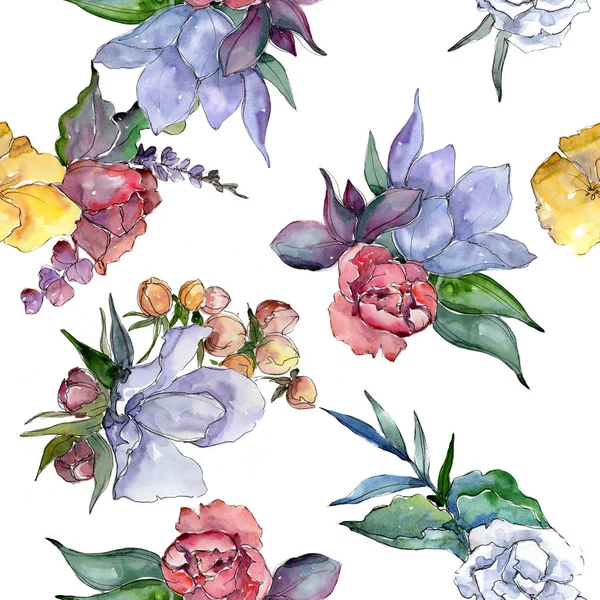 Tropical colorful bouquet. Floral botanical flower. Seamless background pattern. Fabric wallpaper print texture. Aquarelle wildflower for background, texture, wrapper pattern, frame or border.