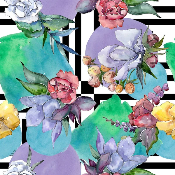 Tropical colorful bouquet. Floral botanical flower. Seamless background pattern. Fabric wallpaper print texture. Aquarelle wildflower for background, texture, wrapper pattern, frame or border.
