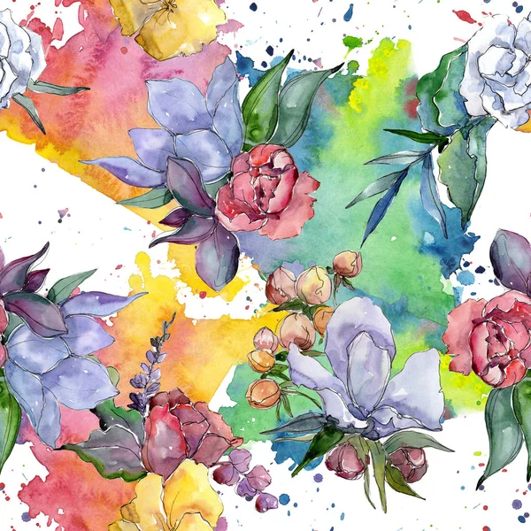 Tropikalne Colorful Bukiet Botaniczny Kwiat Kwiatowy Bezszwowe Tło Wzór Tkanina — Zdjęcie stockowe