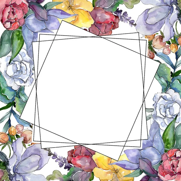 Tropikal renkli buket. Botanik çiçek. Çerçeve kenarlığı süsleme Meydanı. Arka plan, doku, sarıcı desen, çerçeve veya kenarlık için Aquarelle kır çiçeği.