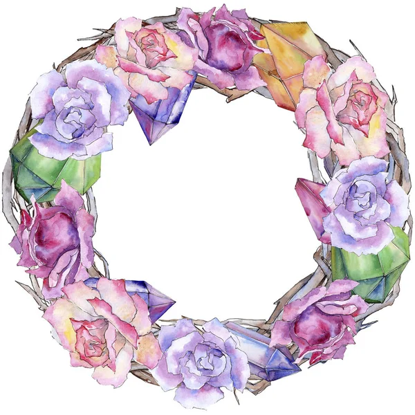 Pembe gül. Botanik çiçek. Çerçeve kenarlığı süsleme Meydanı. Arka plan, doku, sarıcı desen, çerçeve veya kenarlık için Aquarelle kır çiçeği.