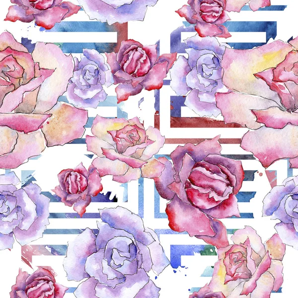 Pembe gül. Botanik çiçek. Sorunsuz arka plan deseni. Kumaş duvar kağıdı yazdırma doku. Arka plan, doku, sarıcı desen, çerçeve veya kenarlık için Aquarelle kır çiçeği.