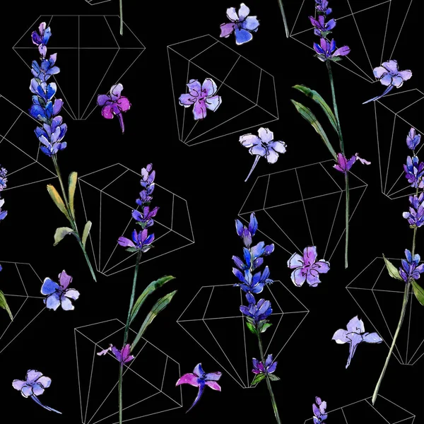 紫のラベンダー 花植物の花 シームレスな背景パターン 壁紙印刷手触りの生地 テクスチャ ラッパー パターン フレームや境界線の Aquarelle ワイルドフラワー — ストック写真