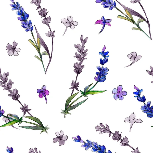 紫罗兰色薰衣草花卉植物花 无缝的背景图案 织物墙纸打印纹理 包装图案 框架或边框的水彩画野花 — 图库照片