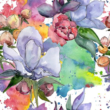 Tropikal renkli buket. Botanik çiçek. Sorunsuz arka plan deseni. Kumaş duvar kağıdı yazdırma doku. Arka plan, doku, sarıcı desen, çerçeve veya kenarlık için Aquarelle kır çiçeği.