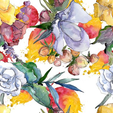 Tropikal renkli buket. Botanik çiçek. Sorunsuz arka plan deseni. Kumaş duvar kağıdı yazdırma doku. Arka plan, doku, sarıcı desen, çerçeve veya kenarlık için Aquarelle kır çiçeği.