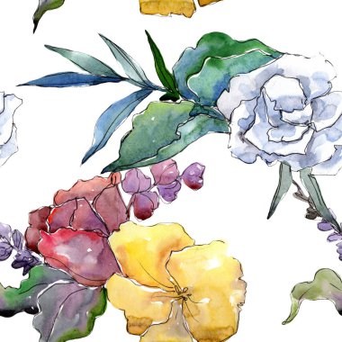 Tropikal renkli buket. Botanik çiçek. Sorunsuz arka plan deseni. Kumaş duvar kağıdı yazdırma doku. Arka plan, doku, sarıcı desen, çerçeve veya kenarlık için Aquarelle kır çiçeği.