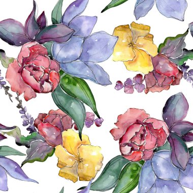 Tropikal renkli buket. Botanik çiçek. Sorunsuz arka plan deseni. Kumaş duvar kağıdı yazdırma doku. Arka plan, doku, sarıcı desen, çerçeve veya kenarlık için Aquarelle kır çiçeği.