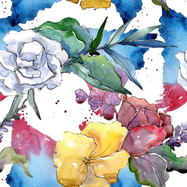 Tropikal renkli buket. Botanik çiçek. Sorunsuz arka plan deseni. Kumaş duvar kağıdı yazdırma doku. Arka plan, doku, sarıcı desen, çerçeve veya kenarlık için Aquarelle kır çiçeği.