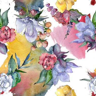 Tropikal renkli buket. Botanik çiçek. Sorunsuz arka plan deseni. Kumaş duvar kağıdı yazdırma doku. Arka plan, doku, sarıcı desen, çerçeve veya kenarlık için Aquarelle kır çiçeği.