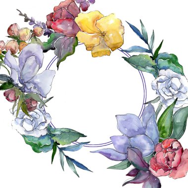 Tropikal renkli buket. Botanik çiçek. Çerçeve kenarlığı süsleme Meydanı. Arka plan, doku, sarıcı desen, çerçeve veya kenarlık için Aquarelle kır çiçeği.