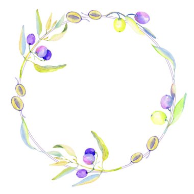 Zeytin dalı suluboya tarzında. Çerçeve kenarlığı süsleme Meydanı. Bitki tam adı: bir zeytin ağacı dalı. Arka plan, doku, sarıcı desen, çerçeve veya kenarlık için Aquarelle zeytin ağacı.