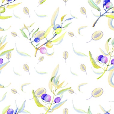 Zeytin dalı suluboya tarzında. Sorunsuz arka plan deseni. Kumaş duvar kağıdı yazdırma doku. Arka plan, doku, sarıcı desen, çerçeve veya kenarlık için Aquarelle zeytin ağacı.