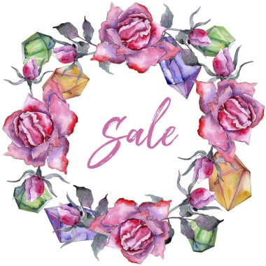 Pembe gül. Botanik çiçek. Çerçeve kenarlığı süsleme Meydanı. Arka plan, doku, sarıcı desen, çerçeve veya kenarlık için Aquarelle kır çiçeği.