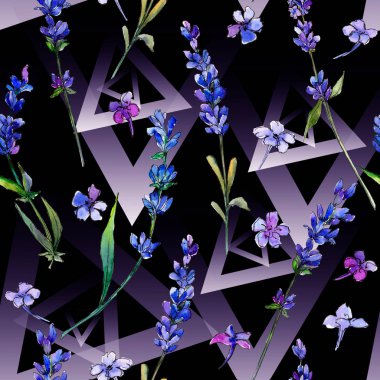 Mor lavanta. Botanik çiçek. Sorunsuz arka plan deseni. Kumaş duvar kağıdı yazdırma doku. Arka plan, doku, sarıcı desen, çerçeve veya kenarlık için Aquarelle kır çiçeği.