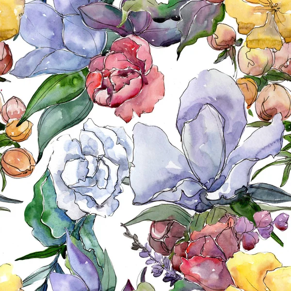 热带五颜六色的花束 花卉植物花 无缝的背景图案 织物墙纸打印纹理 包装图案 框架或边框的水彩画野花 — 图库照片