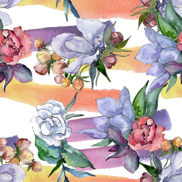 Tropical colorful bouquet. Floral botanical flower. Seamless background pattern. Fabric wallpaper print texture. Aquarelle wildflower for background, texture, wrapper pattern, frame or border.