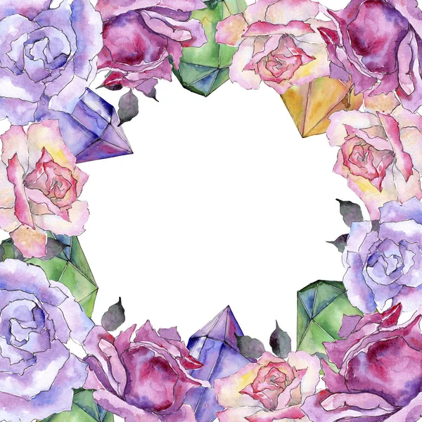 Ροζ Τριαντάφυλλο Floral Βοτανικό Λουλούδι Πλατεία Στολίδι Περίγραμμα Πλαισίου Ακουαρέλα — Φωτογραφία Αρχείου