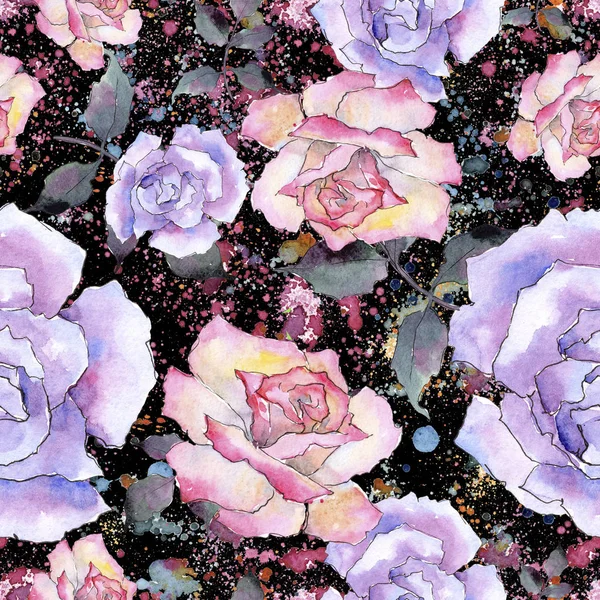 粉红色的玫瑰 花卉植物花 无缝的背景图案 织物墙纸打印纹理 包装图案 框架或边框的水彩画野花 — 图库照片