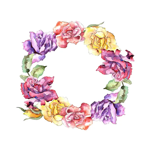 Πολύχρωμο Τριαντάφυλλο Floral Βοτανικό Λουλούδι Πλατεία Στολίδι Περίγραμμα Πλαισίου Ακουαρέλα — Φωτογραφία Αρχείου