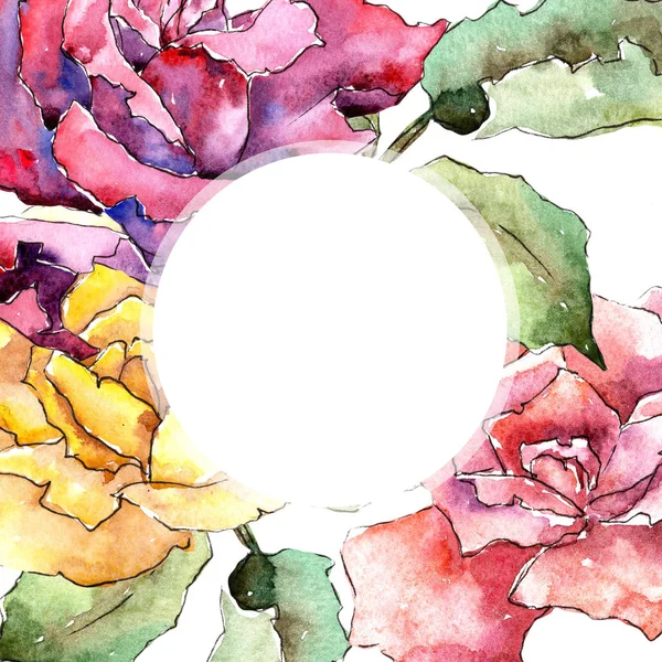 五颜六色的玫瑰 花卉植物花 框边框装饰广场 包装图案 框架或边框的水彩画野花 — 图库照片