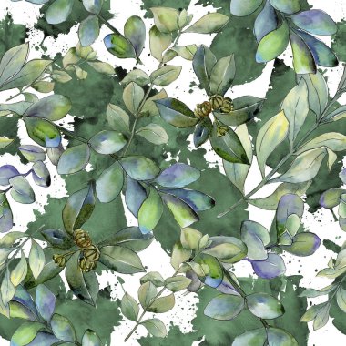 Şimşir suluboya tarzında bırakır. Sorunsuz arka plan deseni. Kumaş duvar kağıdı yazdırma doku. Aquarelle yaprak için arka plan, doku, sarıcı desen, çerçeve veya kenarlık.