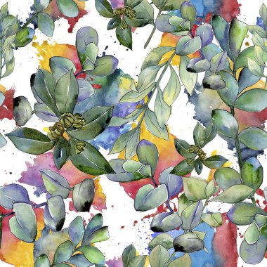 Şimşir suluboya tarzında bırakır. Sorunsuz arka plan deseni. Kumaş duvar kağıdı yazdırma doku. Aquarelle yaprak için arka plan, doku, sarıcı desen, çerçeve veya kenarlık.