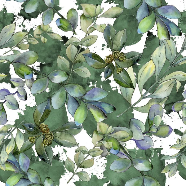 Şimşir suluboya tarzında bırakır. Sorunsuz arka plan deseni. Kumaş duvar kağıdı yazdırma doku. Aquarelle yaprak için arka plan, doku, sarıcı desen, çerçeve veya kenarlık.