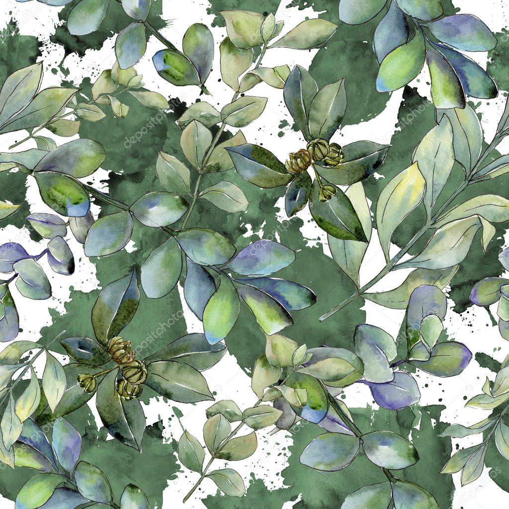 Boxwood leaves in a watercolor style. Seamless background pattern. Fabric wallpaper print texture. Aquarelle leaf for background, texture, wrapper pattern, frame or border.