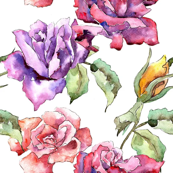 五颜六色的玫瑰 花卉植物花 无缝的背景图案 织物墙纸打印纹理 包装图案 框架或边框的水彩画野花 — 图库照片