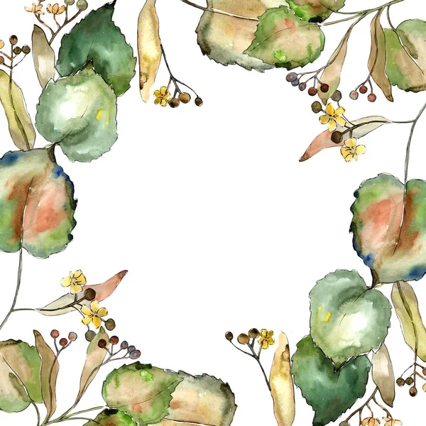 Linden suluboya tarzında bırakır. Çerçeve kenarlığı süsleme Meydanı. Aquarelle yaprak için arka plan, doku, sarıcı desen, çerçeve veya kenarlık.