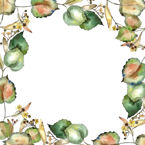 Linden leaves in a watercolor style. Frame border ornament square. Aquarelle leaf for background, texture, wrapper pattern, frame or border.