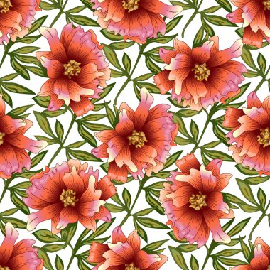 Bir vektör tarzı pembe şakayık çiçeği. Sorunsuz arka plan deseni. Kumaş duvar kağıdı yazdırma doku. Bitki tam adı: şakayık. Arka plan, sarıcı desen, çerçeve veya kenarlık için vektör çiçek.