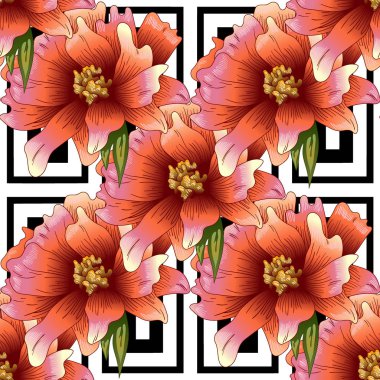 Bir vektör tarzı pembe şakayık çiçeği. Sorunsuz arka plan deseni. Kumaş duvar kağıdı yazdırma doku. Bitki tam adı: şakayık. Arka plan, sarıcı desen, çerçeve veya kenarlık için vektör çiçek.