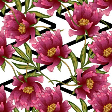 Bir vektör tarzı pembe şakayık çiçeği. Sorunsuz arka plan deseni. Kumaş duvar kağıdı yazdırma doku. Bitki tam adı: şakayık. Arka plan, sarıcı desen, çerçeve veya kenarlık için vektör çiçek.