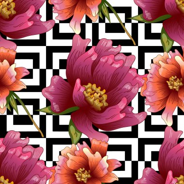 Bir vektör tarzı pembe şakayık çiçeği. Sorunsuz arka plan deseni. Kumaş duvar kağıdı yazdırma doku. Bitki tam adı: şakayık. Arka plan, sarıcı desen, çerçeve veya kenarlık için vektör çiçek.