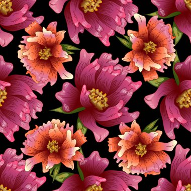 Bir vektör tarzı pembe şakayık çiçeği. Sorunsuz arka plan deseni. Kumaş duvar kağıdı yazdırma doku. Bitki tam adı: şakayık. Arka plan, sarıcı desen, çerçeve veya kenarlık için vektör çiçek.