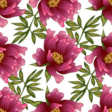 Bir vektör tarzı pembe şakayık çiçeği. Sorunsuz arka plan deseni. Kumaş duvar kağıdı yazdırma doku. Bitki tam adı: şakayık. Arka plan, sarıcı desen, çerçeve veya kenarlık için vektör çiçek.