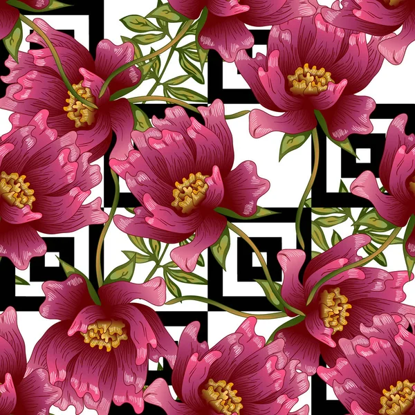 Bir vektör tarzı pembe şakayık çiçeği. Sorunsuz arka plan deseni. Kumaş duvar kağıdı yazdırma doku. Bitki tam adı: şakayık. Arka plan, sarıcı desen, çerçeve veya kenarlık için vektör çiçek.