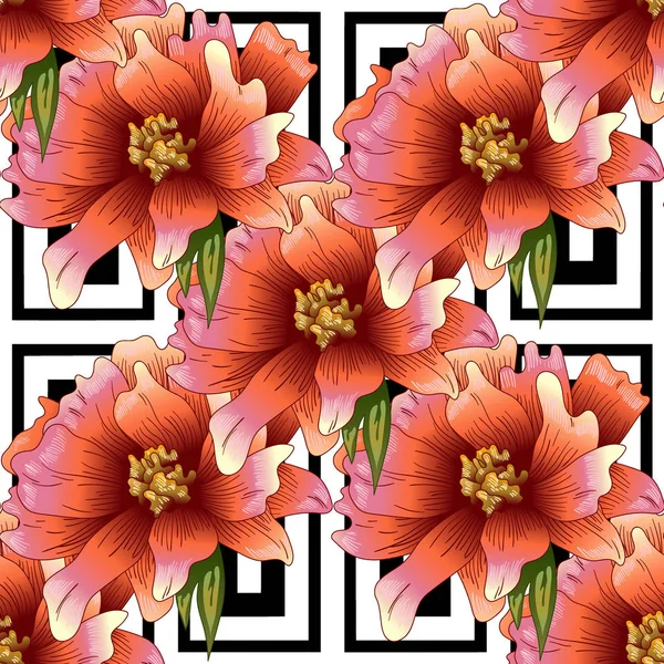 Bir vektör tarzı pembe şakayık çiçeği. Sorunsuz arka plan deseni. Kumaş duvar kağıdı yazdırma doku. Bitki tam adı: şakayık. Arka plan, sarıcı desen, çerçeve veya kenarlık için vektör çiçek.