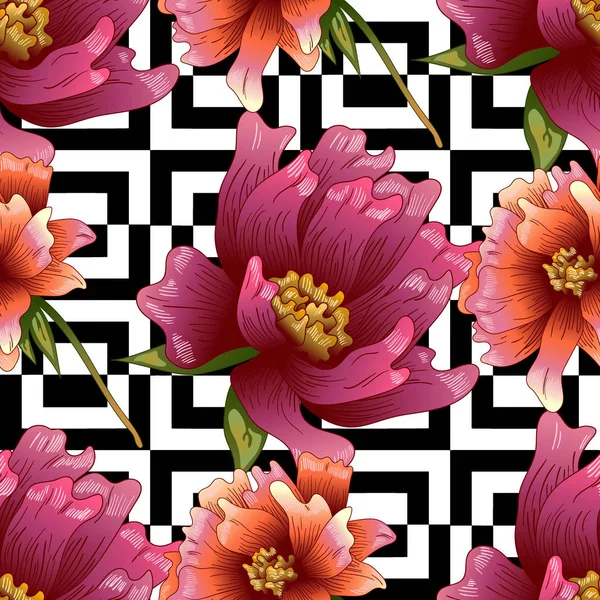 Bir vektör tarzı pembe şakayık çiçeği. Sorunsuz arka plan deseni. Kumaş duvar kağıdı yazdırma doku. Bitki tam adı: şakayık. Arka plan, sarıcı desen, çerçeve veya kenarlık için vektör çiçek.