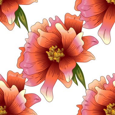 Bir vektör tarzı pembe şakayık çiçeği. Sorunsuz arka plan deseni. Kumaş duvar kağıdı yazdırma doku. Bitki tam adı: şakayık. Arka plan, sarıcı desen, çerçeve veya kenarlık için vektör çiçek.