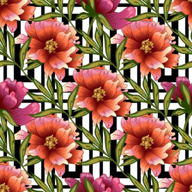 Bir vektör tarzı pembe şakayık çiçeği. Sorunsuz arka plan deseni. Kumaş duvar kağıdı yazdırma doku. Bitki tam adı: şakayık. Arka plan, sarıcı desen, çerçeve veya kenarlık için vektör çiçek.