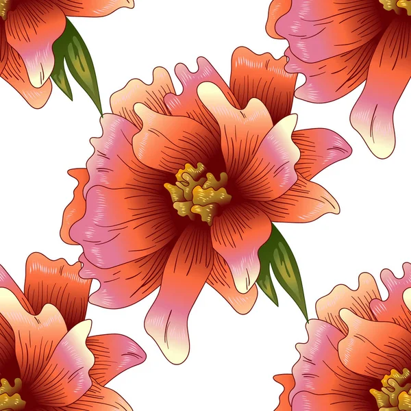 Bir vektör tarzı pembe şakayık çiçeği. Sorunsuz arka plan deseni. Kumaş duvar kağıdı yazdırma doku. Bitki tam adı: şakayık. Arka plan, sarıcı desen, çerçeve veya kenarlık için vektör çiçek.