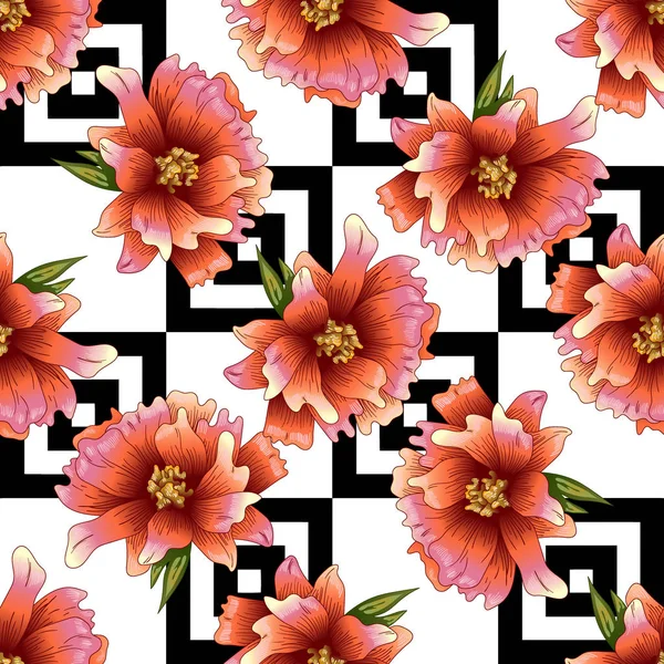 Bir vektör tarzı pembe şakayık çiçeği. Sorunsuz arka plan deseni. Kumaş duvar kağıdı yazdırma doku. Bitki tam adı: şakayık. Arka plan, sarıcı desen, çerçeve veya kenarlık için vektör çiçek.