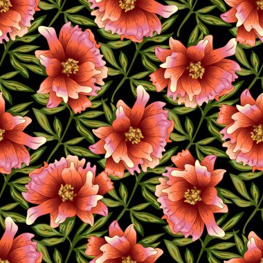 Pembe şakayık çiçekleri bir vektör tarzı. Sorunsuz arka plan deseni. Kumaş duvar kağıdı yazdırma doku. Bitki tam adı: şakayık. Arka plan, sarıcı desen, çerçeve veya kenarlık için vektör çiçek.