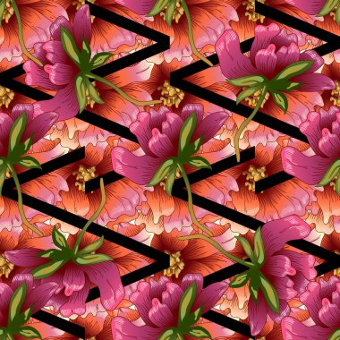 Pembe şakayık çiçekleri bir vektör tarzı. Sorunsuz arka plan deseni. Kumaş duvar kağıdı yazdırma doku. Bitki tam adı: şakayık. Arka plan, sarıcı desen, çerçeve veya kenarlık için vektör çiçek.